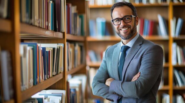 A Man in a Suit and Glasses Smiling in a Library photo