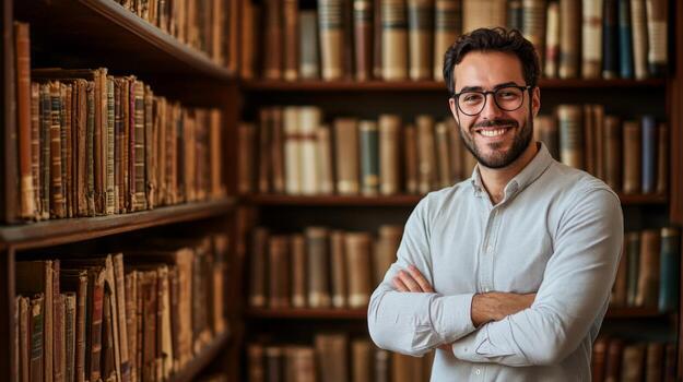 Smiling Man in a Library with Bookshelves in the Background photo