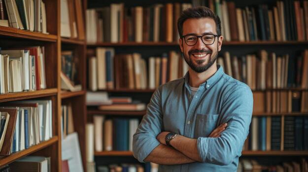 A Man Standing in Front of a Bookshelf, Smiling photo