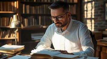 A Man in a White Shirt Reads a Book in a Library photo
