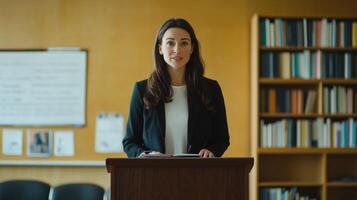 A woman standing at a podium in a lecture hall photo
