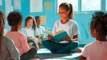 Teacher Reading a Book to Children in a Classroom photo