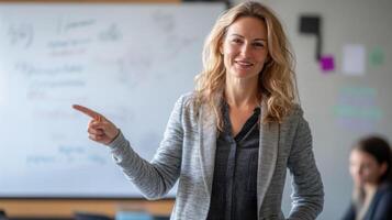 Smiling Woman Presenter Pointing at Whiteboard in Classroom photo