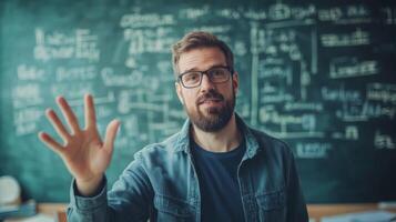 Bearded Man in Glasses Waving in Front of a Chalkboard with Equations photo