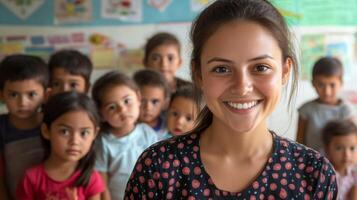 Smiling Teacher Surrounded by Children in a Classroom photo