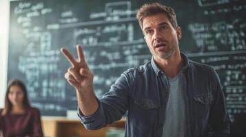 A man in a blue shirt gestures with two fingers raised in a classroom with a blackboard in the background. photo