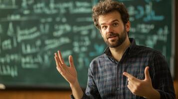 A man with a beard standing in front of a blackboard, gesturing with his hands. photo