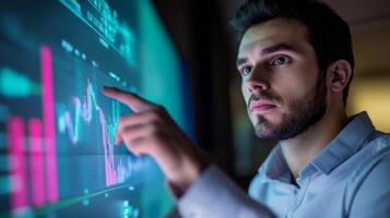 Man Analyzing Financial Data on a Large Screen photo