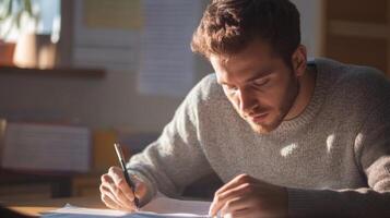 A young man with a beard, wearing a grey sweater, sits at a desk and writes with a pen on a sheet of paper. photo