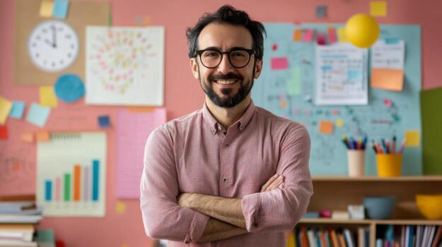 Confident Man with Arms Crossed in Front of a Wall Covered with Notes and Charts photo