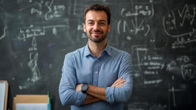 A Confident Man Standing in Front of a Chalkboard Filled with Mathematical Equations photo