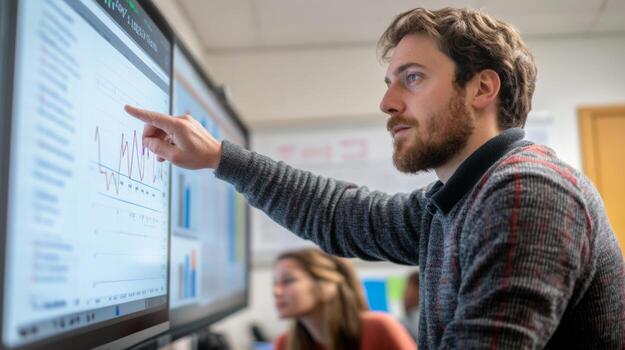 Man Pointing at a Graph on a Large Monitor in an Office Setting photo