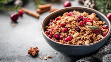 Bowl of Granola with Cranberries and Rosemary Garnish photo