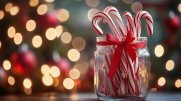Candy Canes in a Glass Jar with Red Ribbon and Festive Bokeh Lights photo