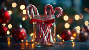 Candy Canes in a Glass Jar with a Red Ribbon and Holiday Lights photo