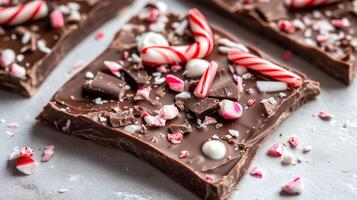 Closeup of Peppermint Bark with Candy Canes and Chocolate Chips photo