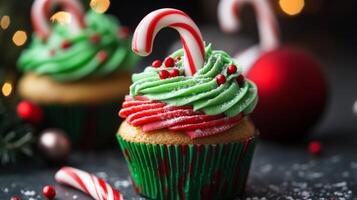 Christmas Candy Cane Cupcake with Green and Red Frosting photo