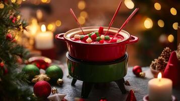 Red Fondue Pot with Fruit and Dipping Sticks on a Festive Table photo