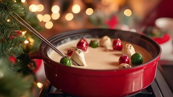 Red Fondue Pot With Christmas-Themed Food On Forks photo