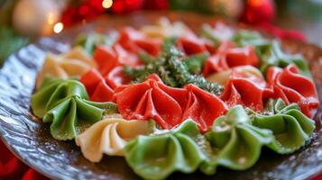 A Festive Arrangement of Red, Green, and White Pasta on a Dark Plate photo