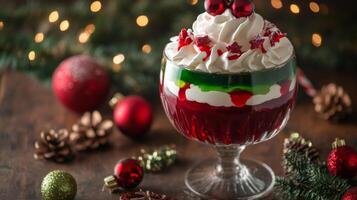 Festive Layered Dessert with Whipped Cream and Christmas Decorations photo
