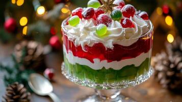 Festive Dessert with Red and Green Jelly, Whipped Cream, and a Golden Star photo