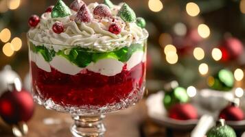 Christmas Dessert Layered with Red and Green Jello, Whipped Cream, and Sprinkles photo