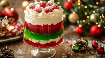 Christmas Dessert with Whipped Cream, Red and Green Jello, and Sprinkles photo