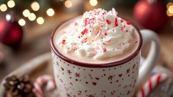 A Mug of Peppermint Hot Chocolate Topped with Whipped Cream and Candy Cane Pieces photo