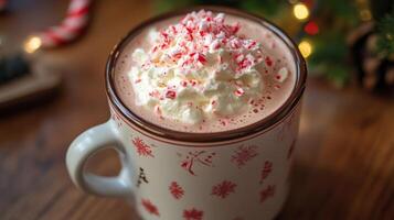 A mug of hot chocolate with whipped cream and crushed candy canes photo