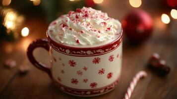 Peppermint Mocha Hot Chocolate with Whipped Cream in Festive Mug photo