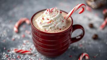 Peppermint Mocha in Red Mug with Whipped Cream and Candy Cane photo