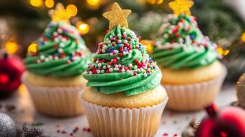Christmas Tree-Shaped Cupcakes Decorated with Sprinkles and a Gold Star photo