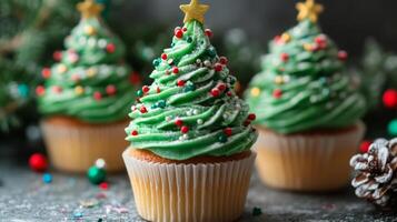 Christmas Tree Cupcakes with Sprinkles and a Gold Star photo