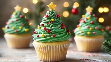 Christmas Tree Cupcakes with Sprinkles and a Star photo