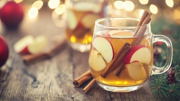 Close-up of Apple Cider with Cinnamon Sticks and Apple Slices in a Glass Mug photo