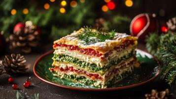 Spinach and Ricotta Lasagna with Tomato Sauce on a Green Plate photo