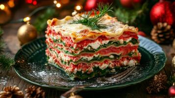 Festive Spinach and Ricotta Lasagna with Christmas Decorations photo