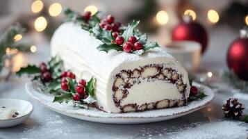 Festive Yule Log Cake with Holly and Powdered Sugar photo