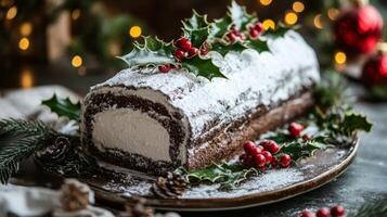 Festive Chocolate Yule Log Cake with Holly and Powdered Sugar photo