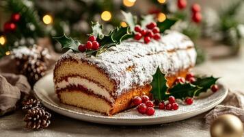 Festive Yule Log Cake with Holly and Red Berries photo