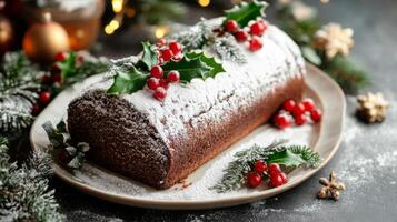 Chocolate Yule Log Cake Decorated with Holly and Powdered Sugar photo
