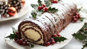 Chocolate Yule Log Cake Decorated with Holly and Cranberries photo