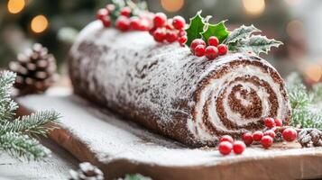 Chocolate Yule Log Cake with Powdered Sugar and Holly Sprigs photo