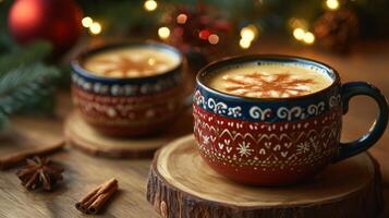 Two mugs of spiced latte on wooden coasters with cinnamon sticks and star anise photo