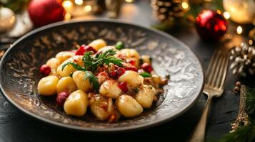 Gnocchi with Cranberry Sauce and Herbs on a Rustic Plate photo