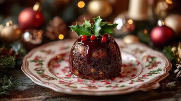Christmas Pudding with Holly and Berries on a Festive Plate photo