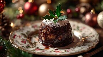 Christmas Pudding with Holly and Powdered Sugar photo