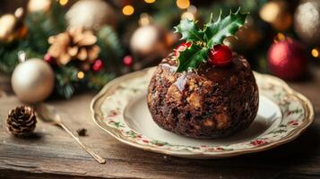 Christmas Pudding with Holly and Chocolate Sauce on a Festive Table photo