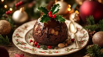 Christmas Pudding with Holly and Chocolate Sauce photo
